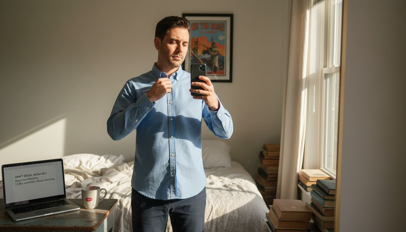 Man updating social profile in bright bedroom