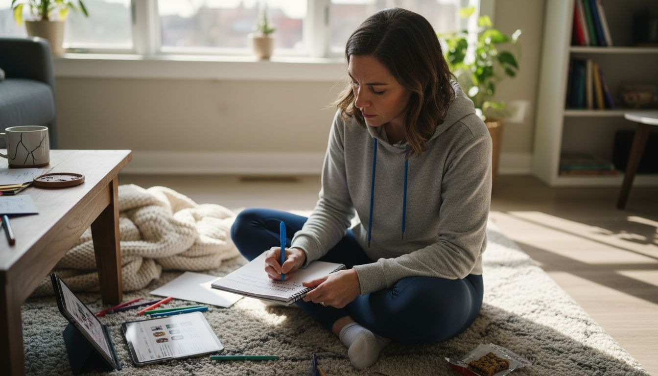 Content strategist researching hashtags at home