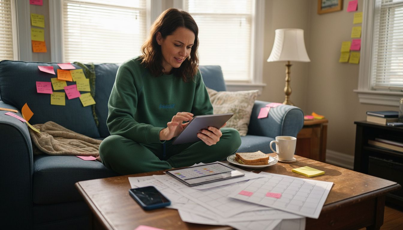 Woman scheduling social media posts on tablet