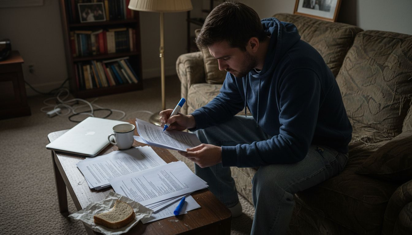 Man reviewing compliance paperwork on sofa