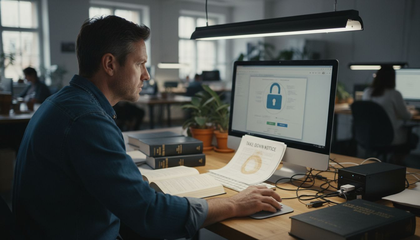 Man using DRM software at cluttered desk