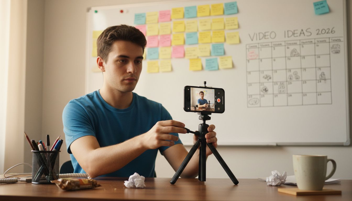 Creator filming video at cluttered home desk