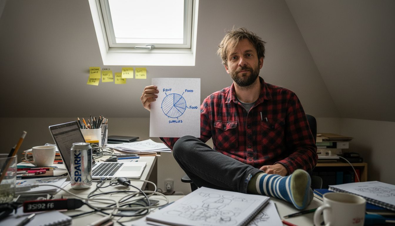 Creator analyzing earnings chart in attic studio