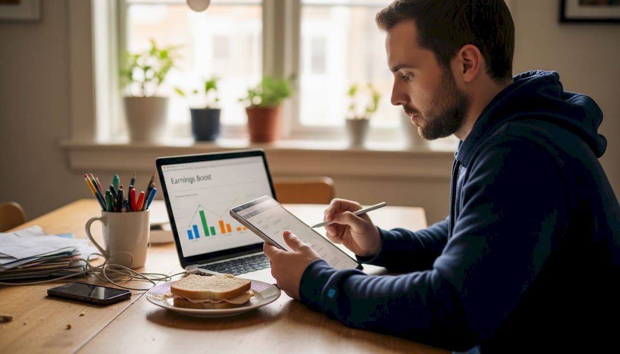 Person reviewing streaming earnings data at kitchen table