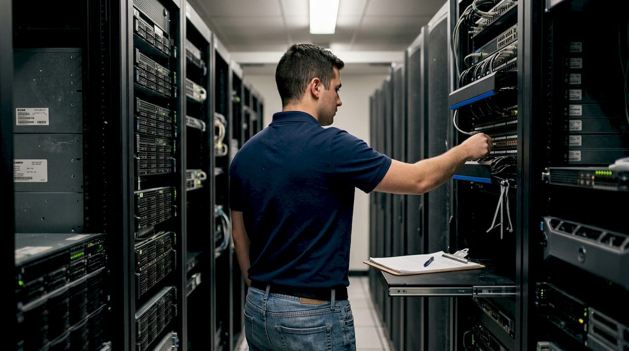 Technician connecting cable to CDN server