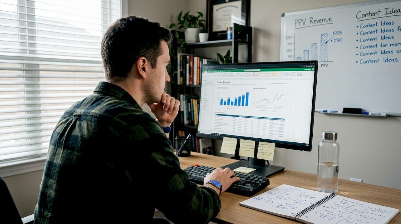 Home office creator reviewing PPV earnings