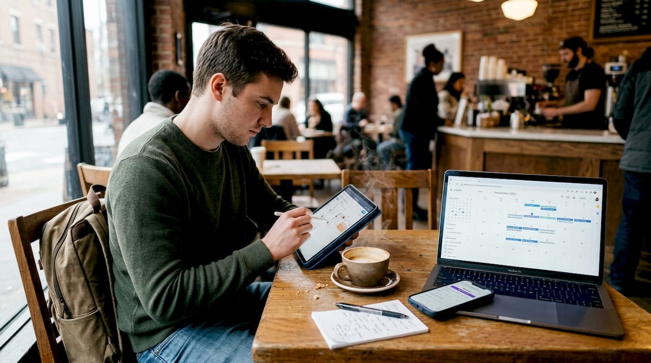 Man promotes subscription page in busy café