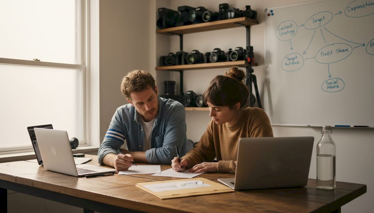 Creators reviewing co-branding agreement studio