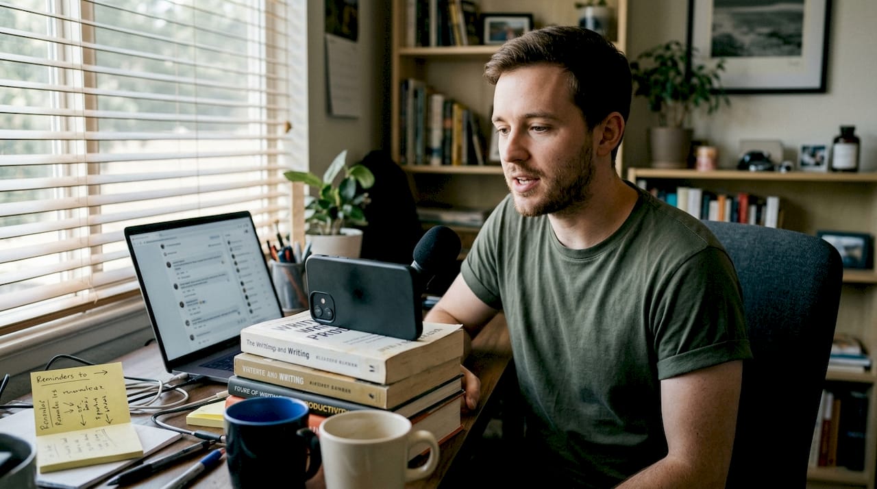 Creator sending engagement message at desk