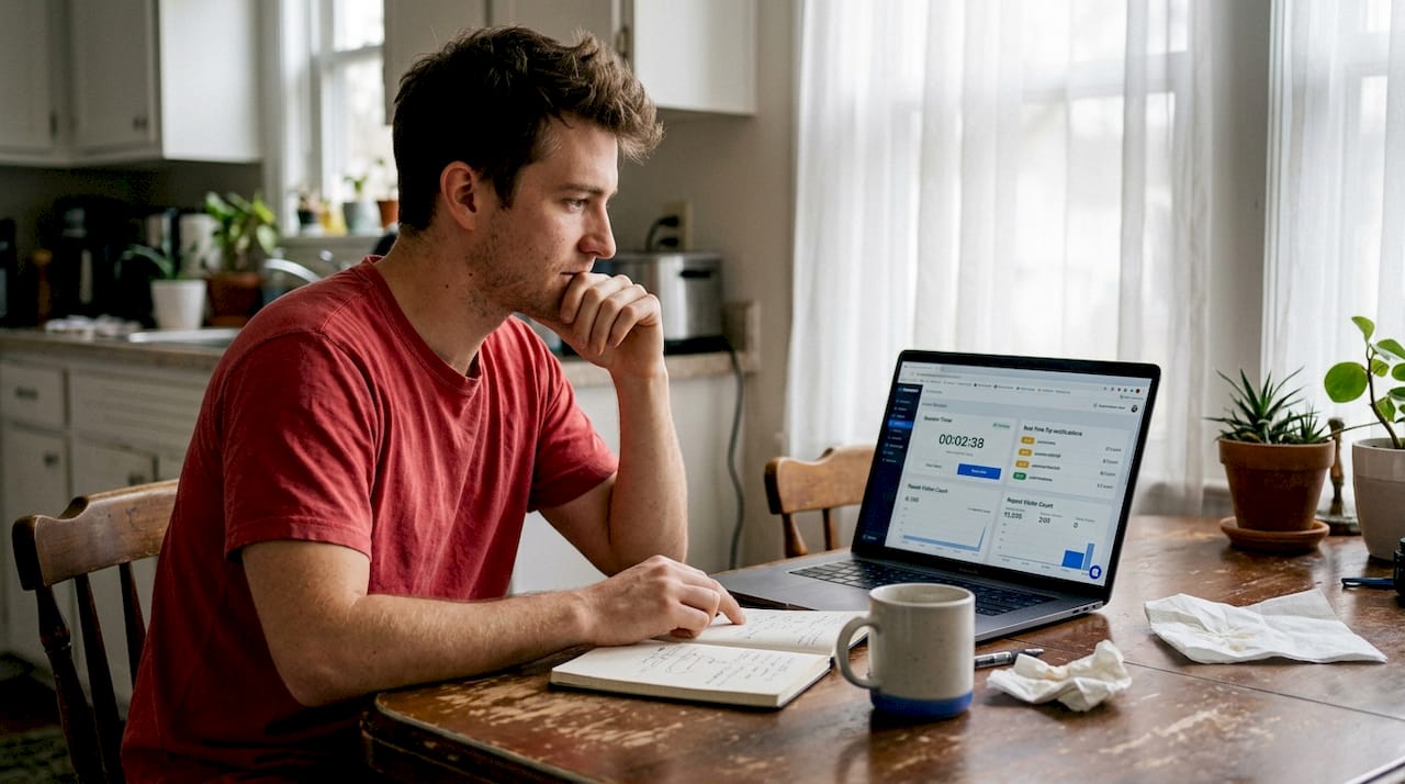 Creator analyzing session data in kitchen