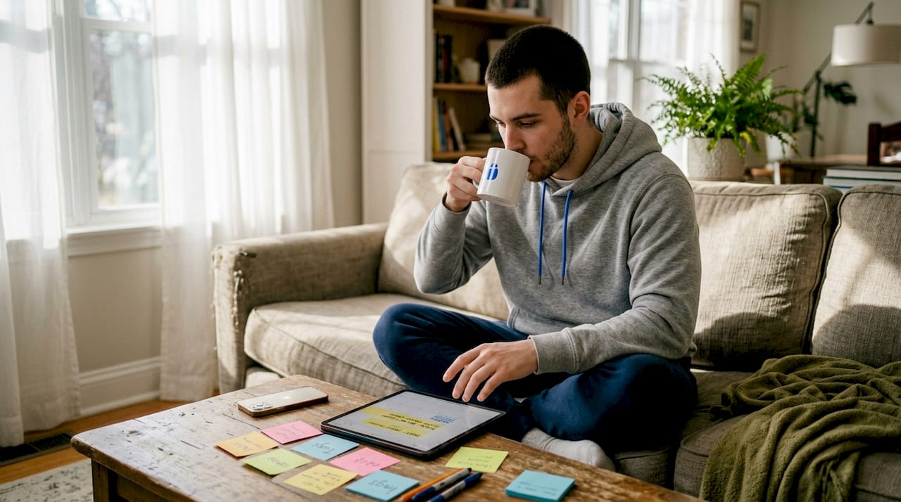 Influencer schedules posts on living room tablet