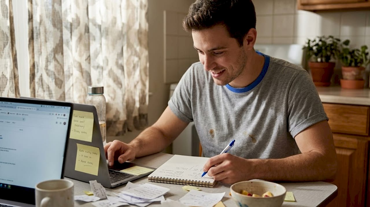 Creator brainstorming content ideas at kitchen table