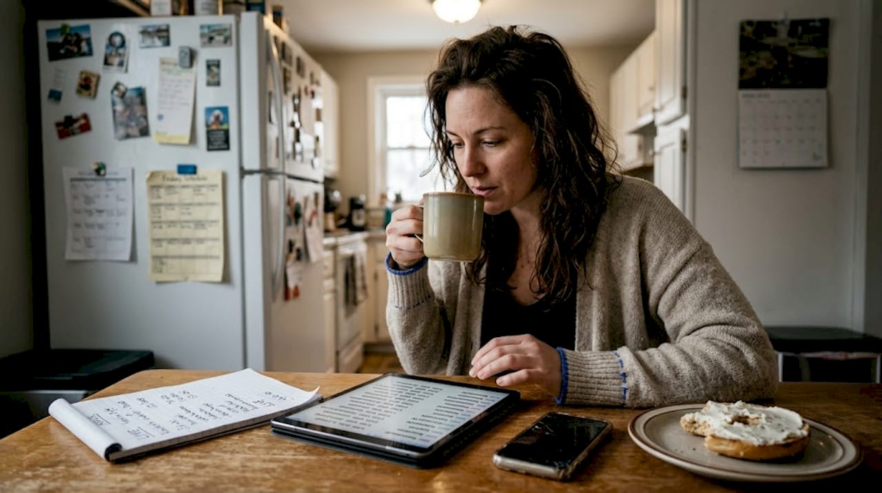 Streamer reviewing event schedule at kitchen table
