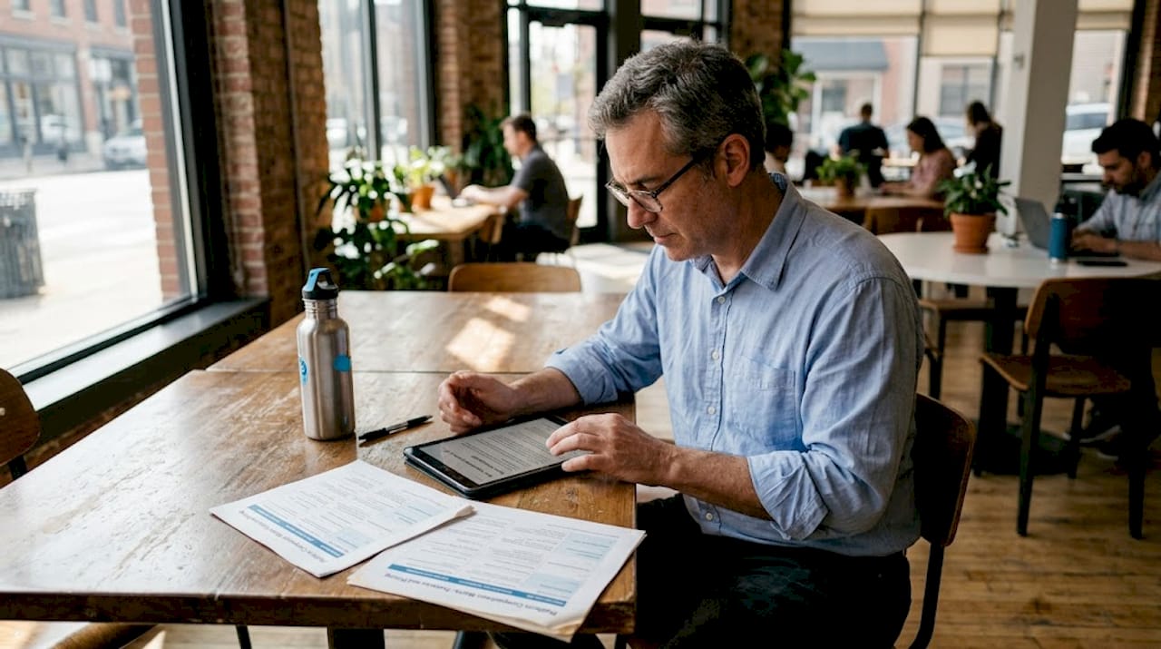 Man reviews content platform rules at table