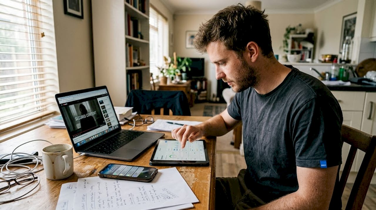 Freelancer managing content protection at kitchen