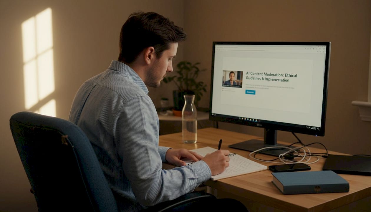 Man learning AI content moderation at desk