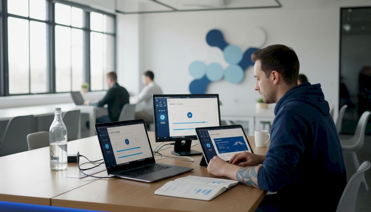 Man performing platform privacy scan in coworking space