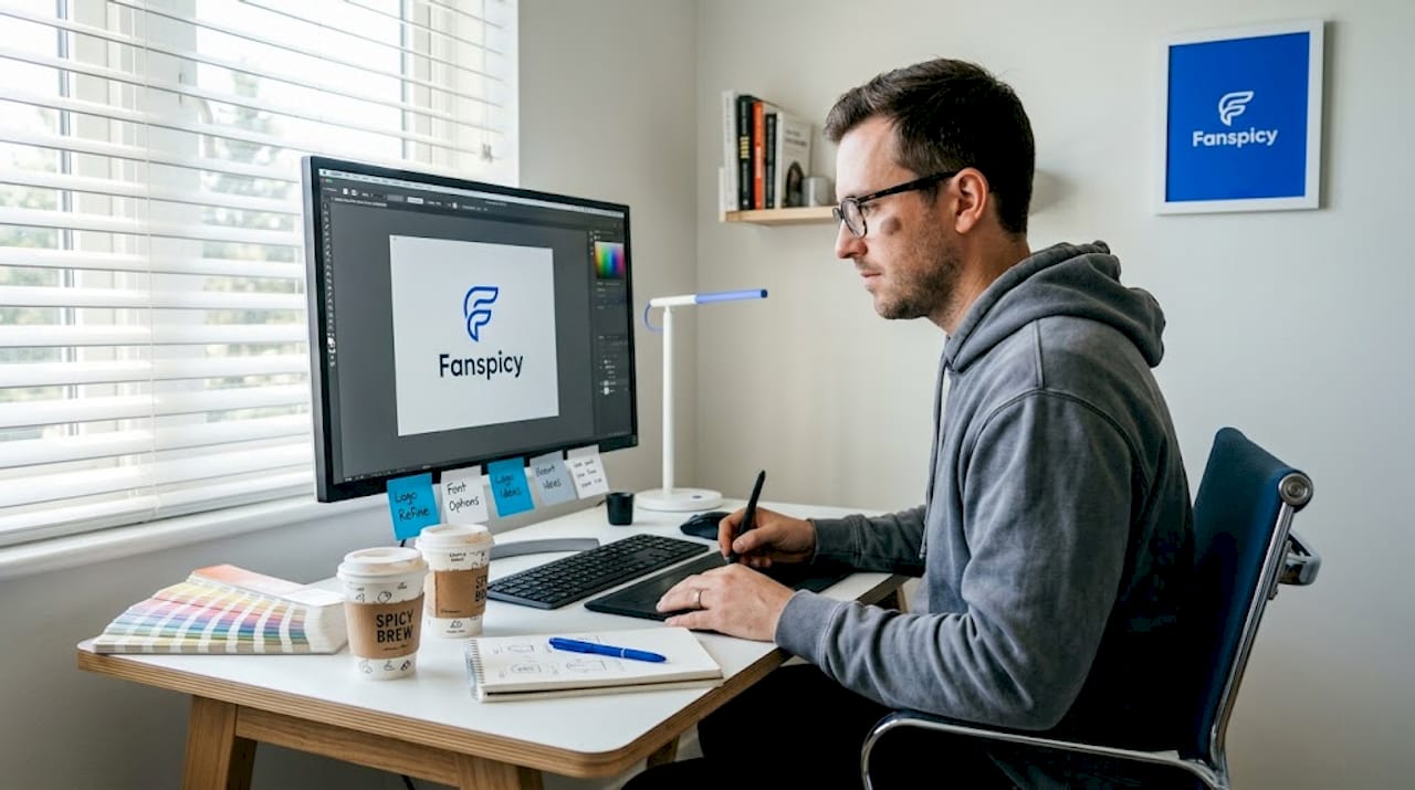 Designer adjusting brand logo at desk