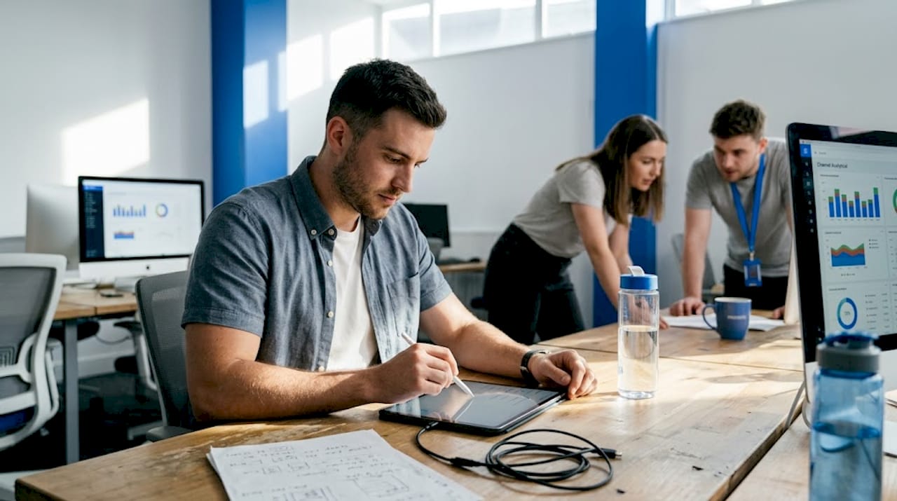 Marketer integrating SEO and paid ads in office