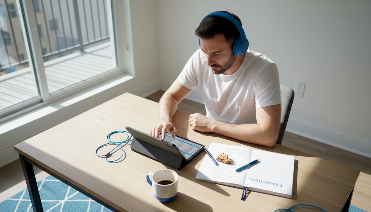 Man planning content with tablet at kitchen table