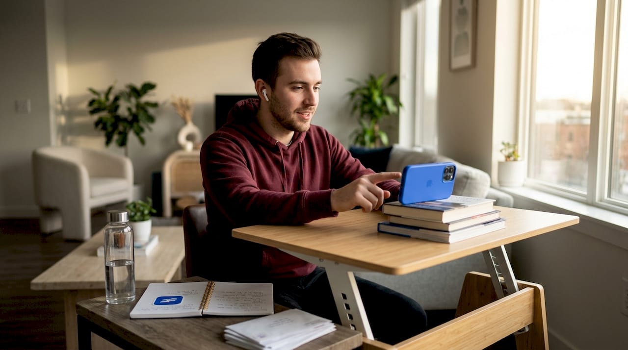 Content creator recording message in home workspace
