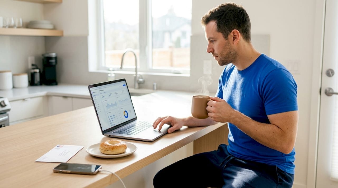 Man reviews profile analytics in kitchen