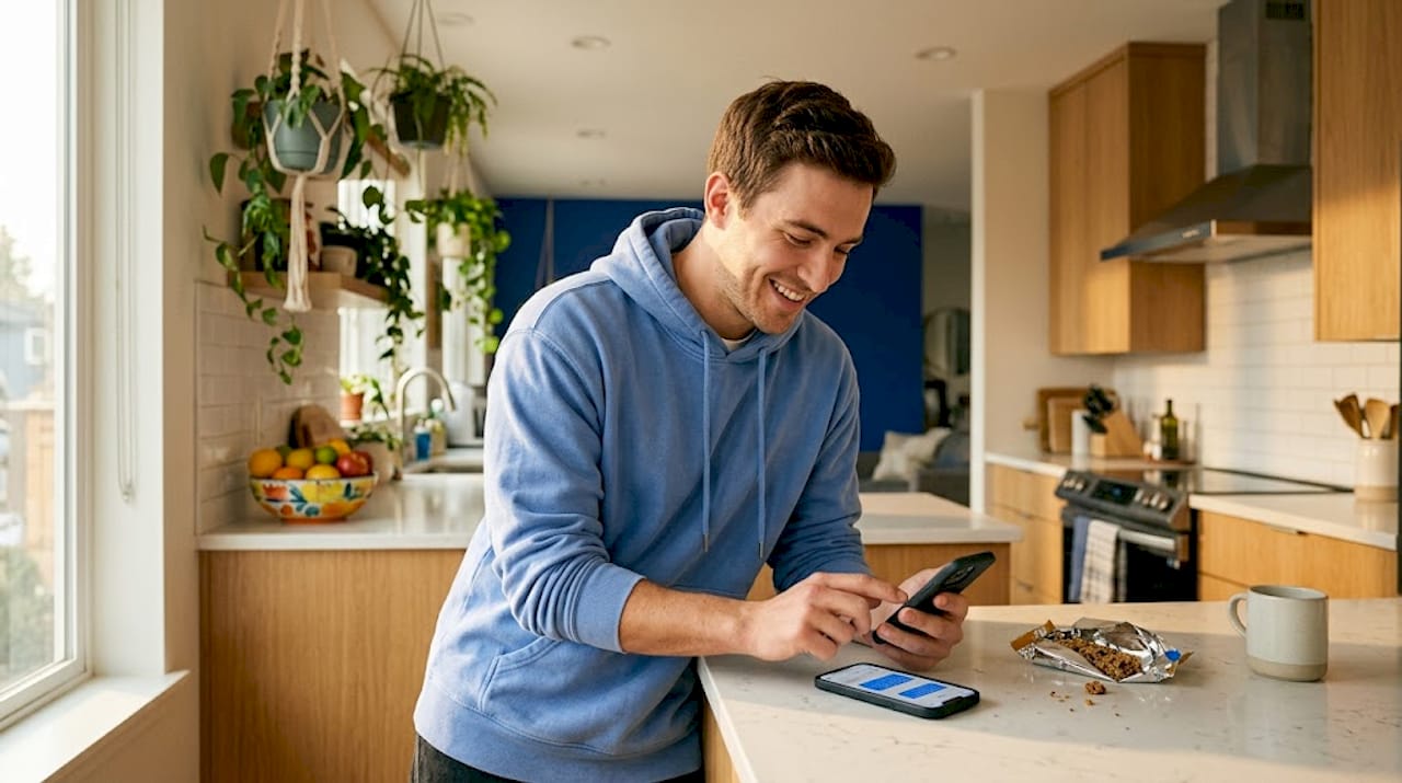 Man texting in kitchen during online chat