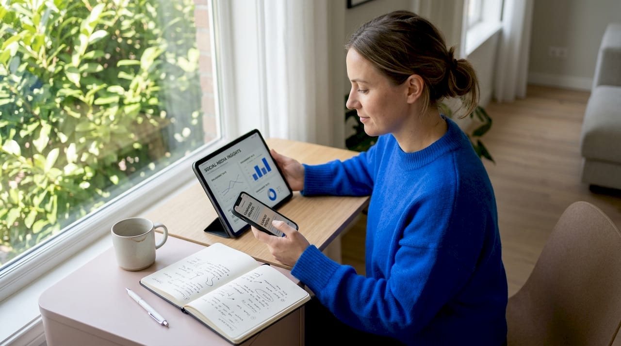 Marketer tracking campaign data at kitchen table