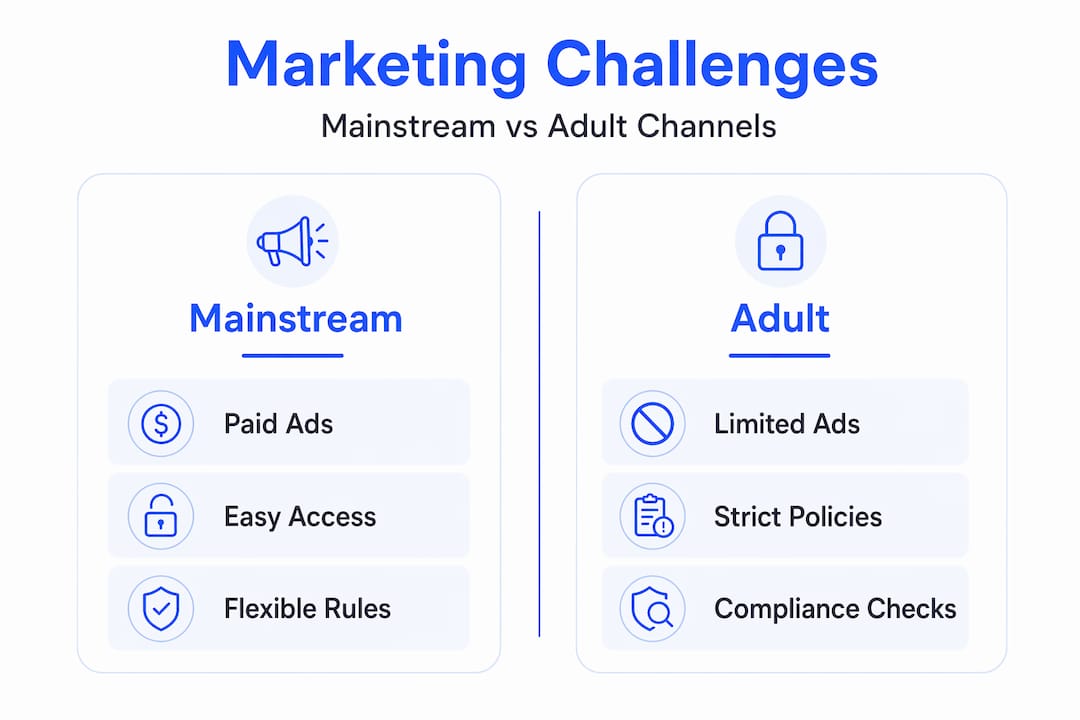 Infographic comparing mainstream and adult marketing challenges