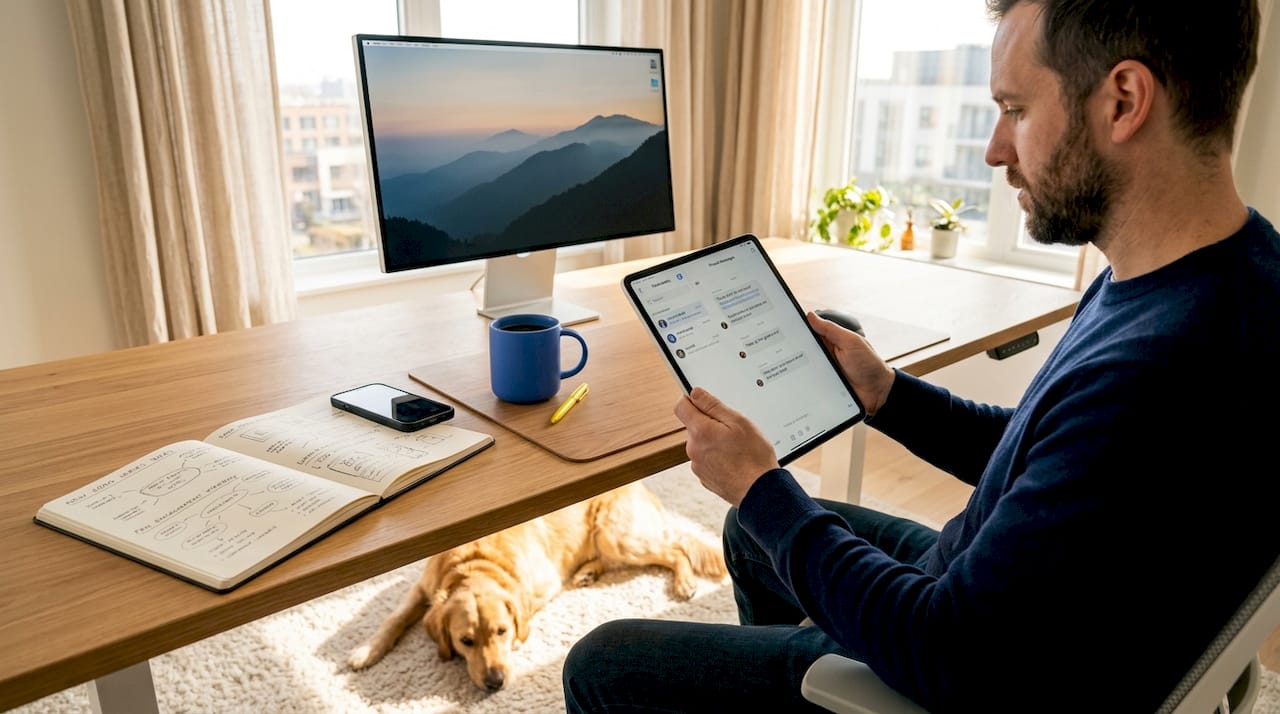 Man reviewing private messages in home office