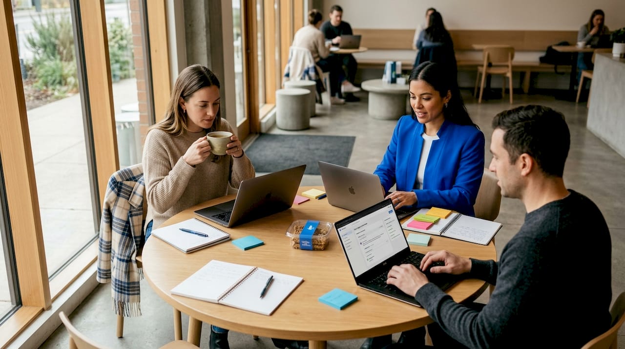 Moderation team discussing at shared workspace