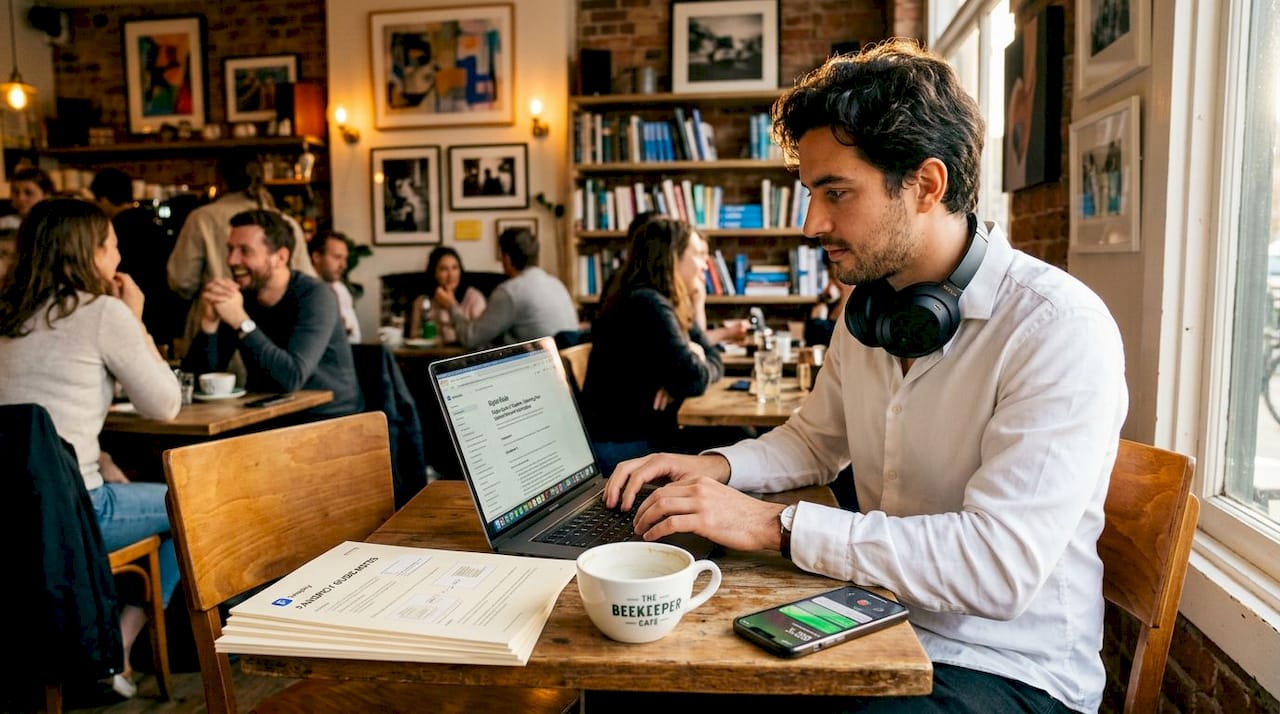 Creator working on lead magnet at café