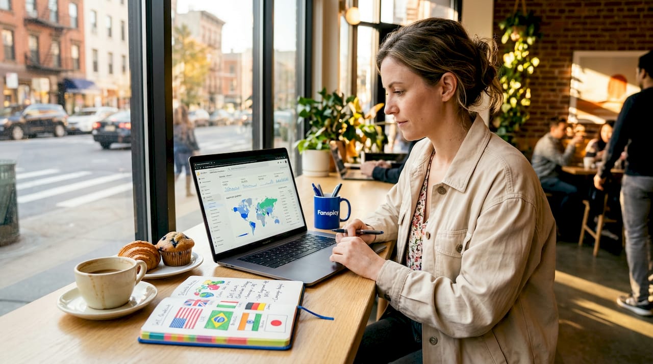Marketer tracking global content analytics in café