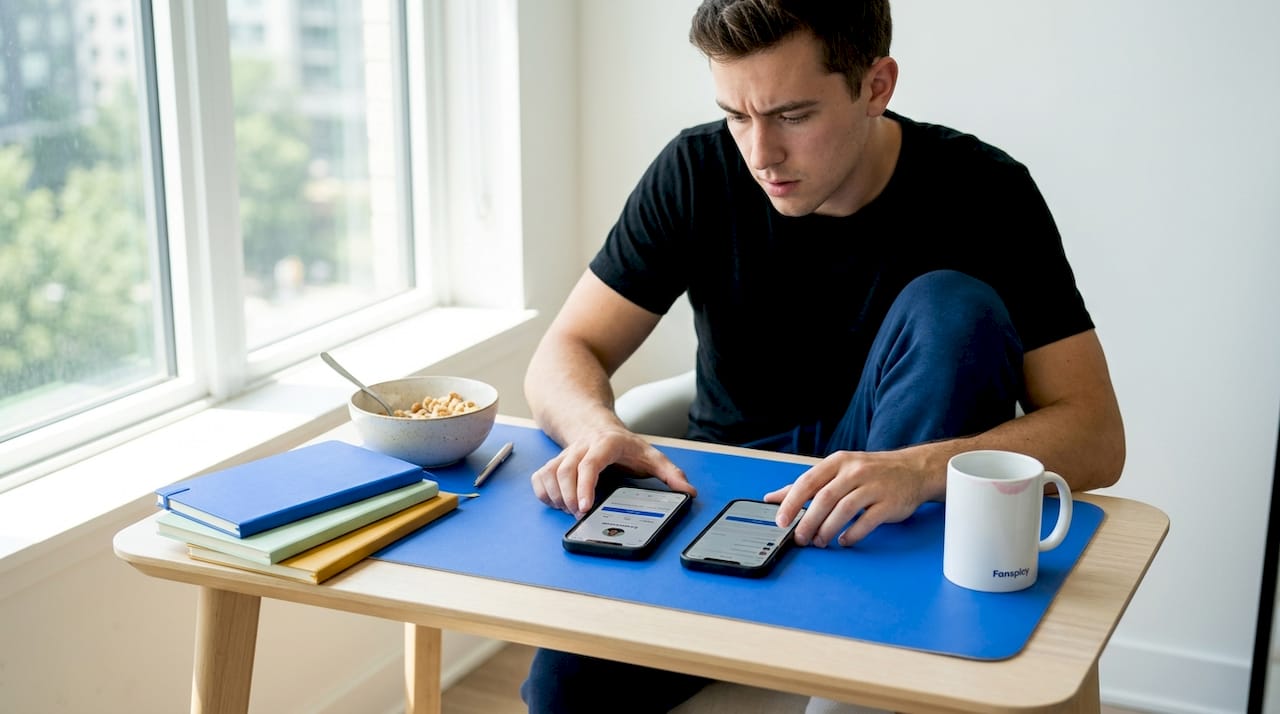 Person manages digital identities at kitchen table