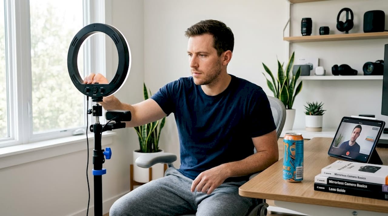 Man adjusting ring light and webcam for stream