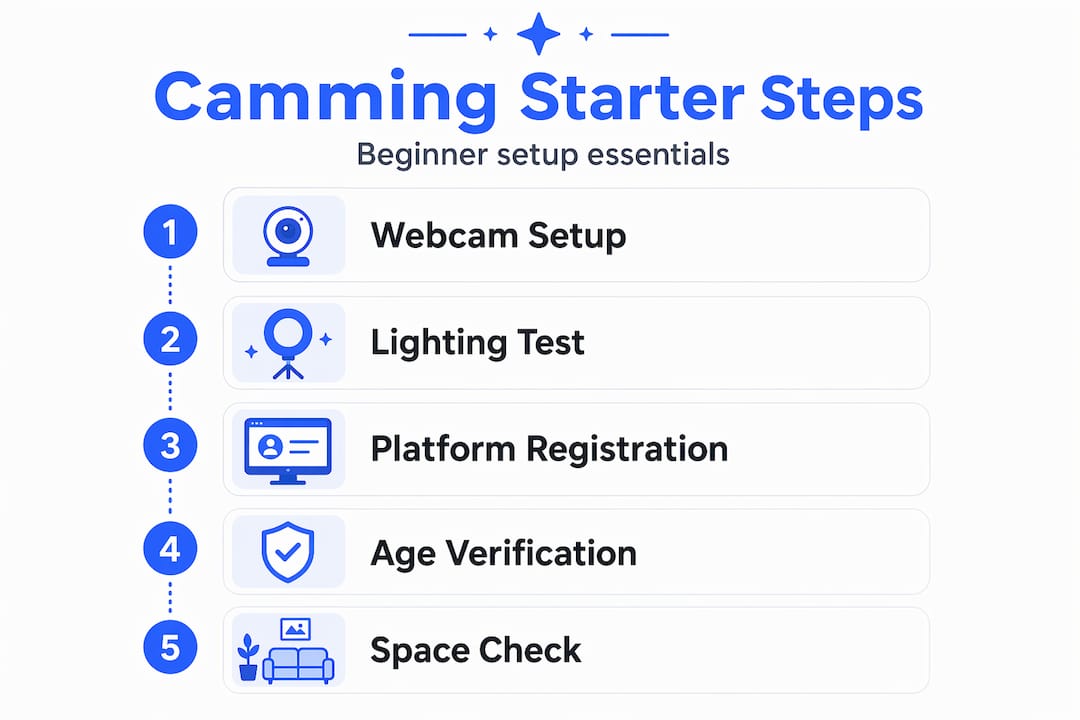 Infographic showing beginner steps for camming setup