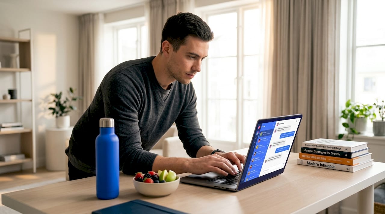 Man chatting with friend at home desk