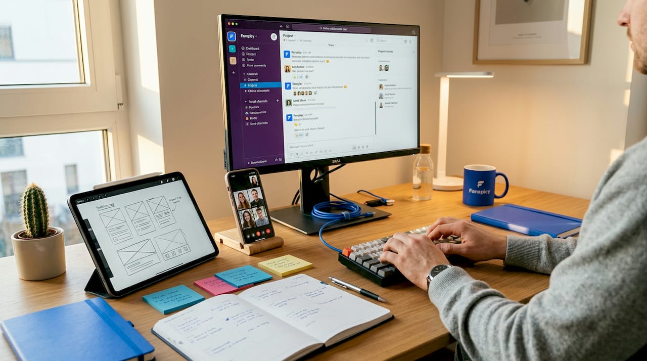 Hands using dual monitors for digital communication