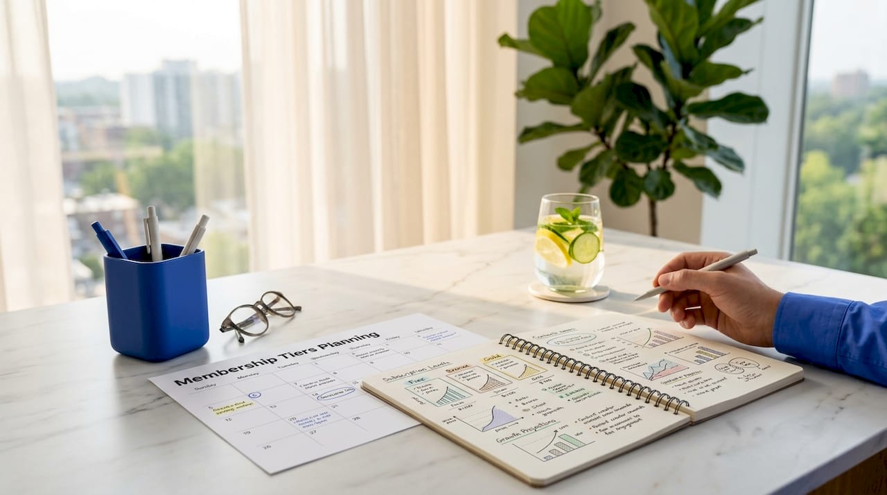 Planner with membership tier notes on desk