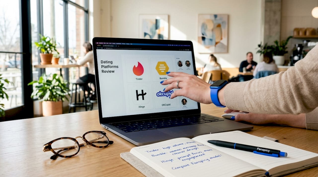 Hands selecting dating app on computer screen