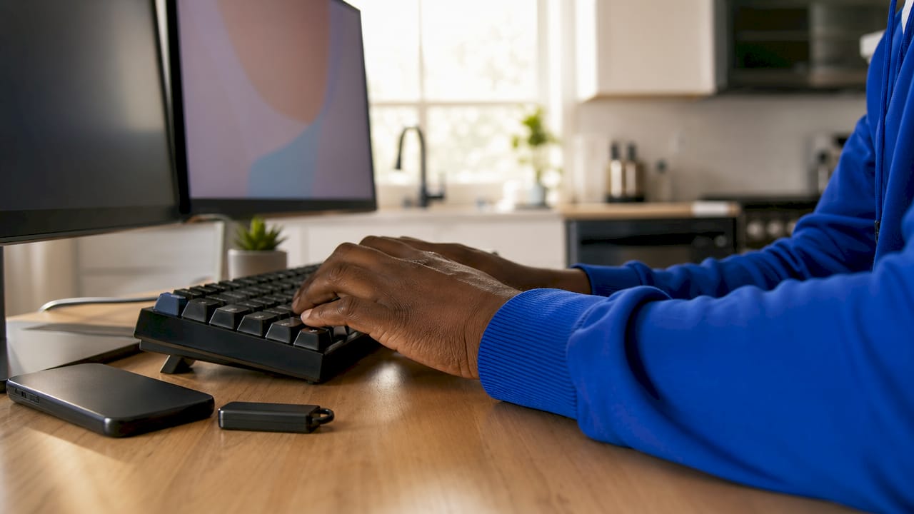 Creator typing with privacy tools on desk