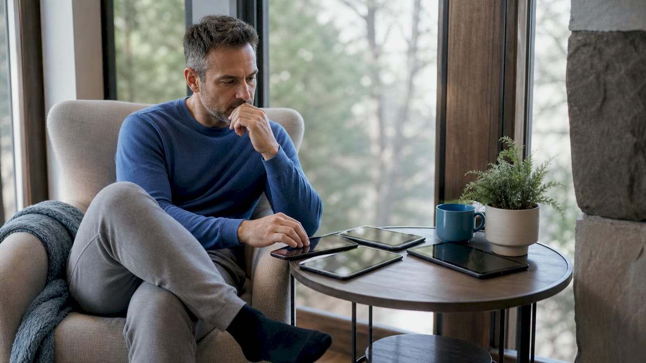 Man choosing cam show marketing platforms in living room