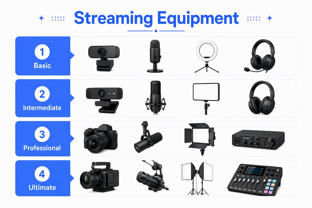 Infographic showing live streaming equipment tiers and hierarchy