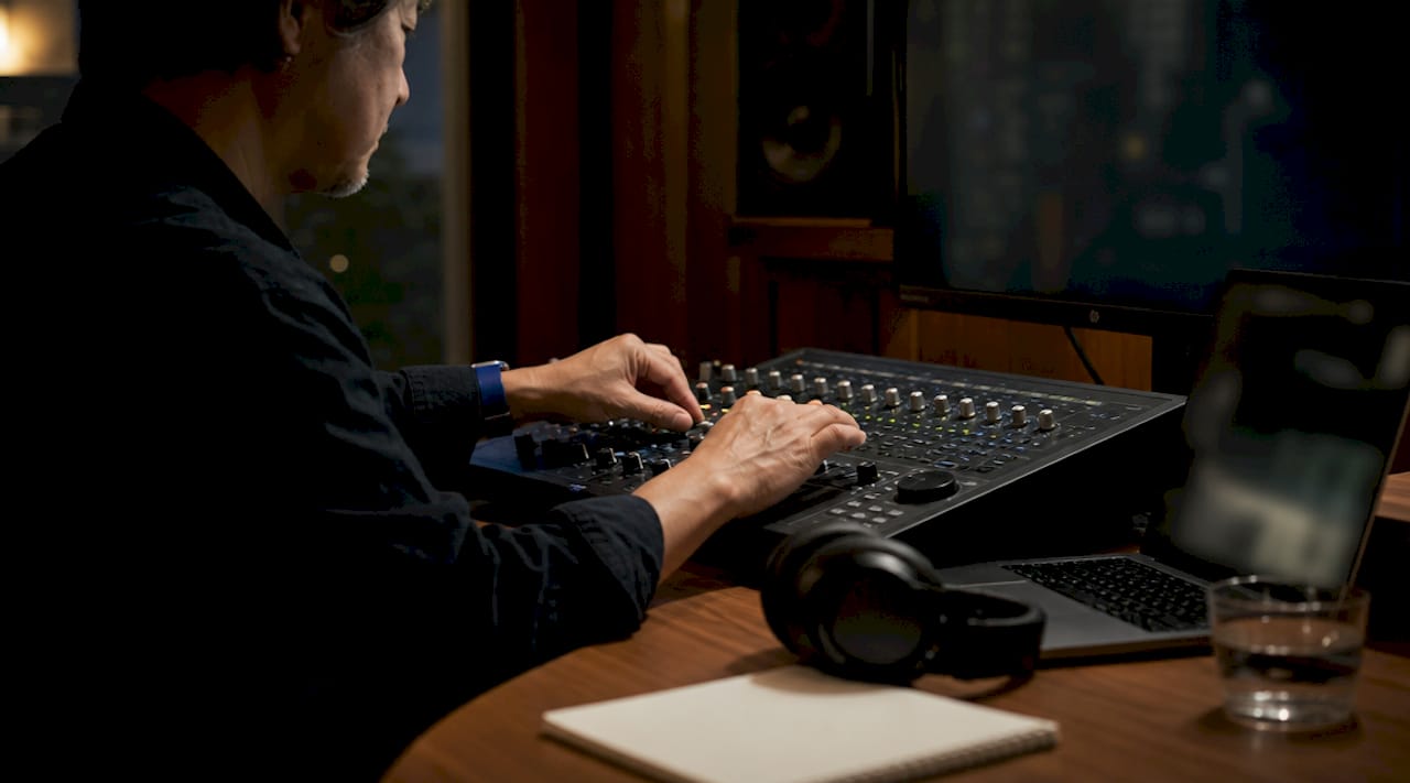 Hands adjusting streaming audio equipment