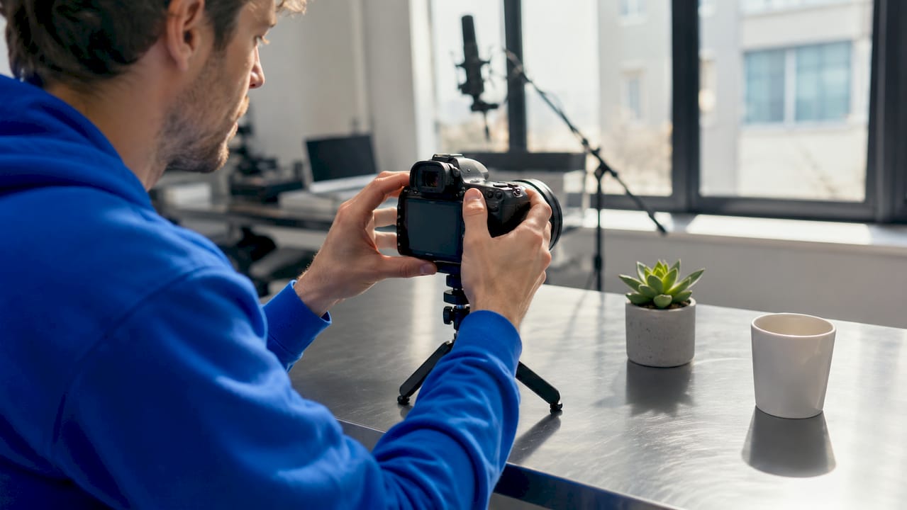 Hands adjusting camera on home live stream desk