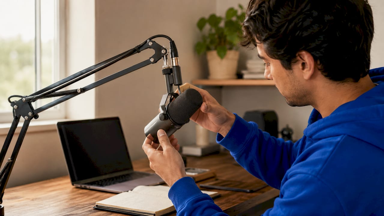 Close-up of hands adjusting streaming microphone