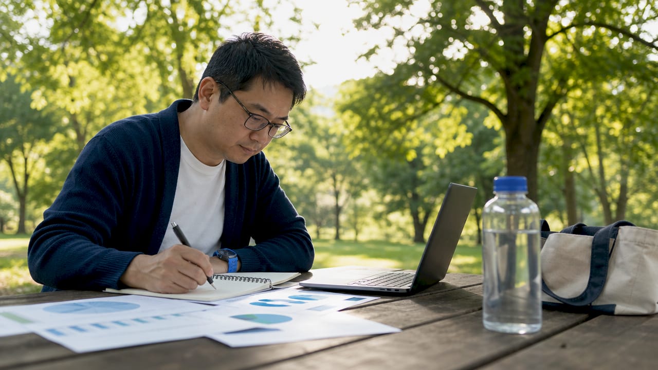 Man analyzing audience charts at cafe