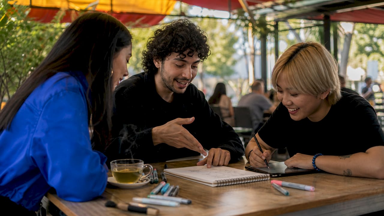 Team collaborating on AI content creation workflow