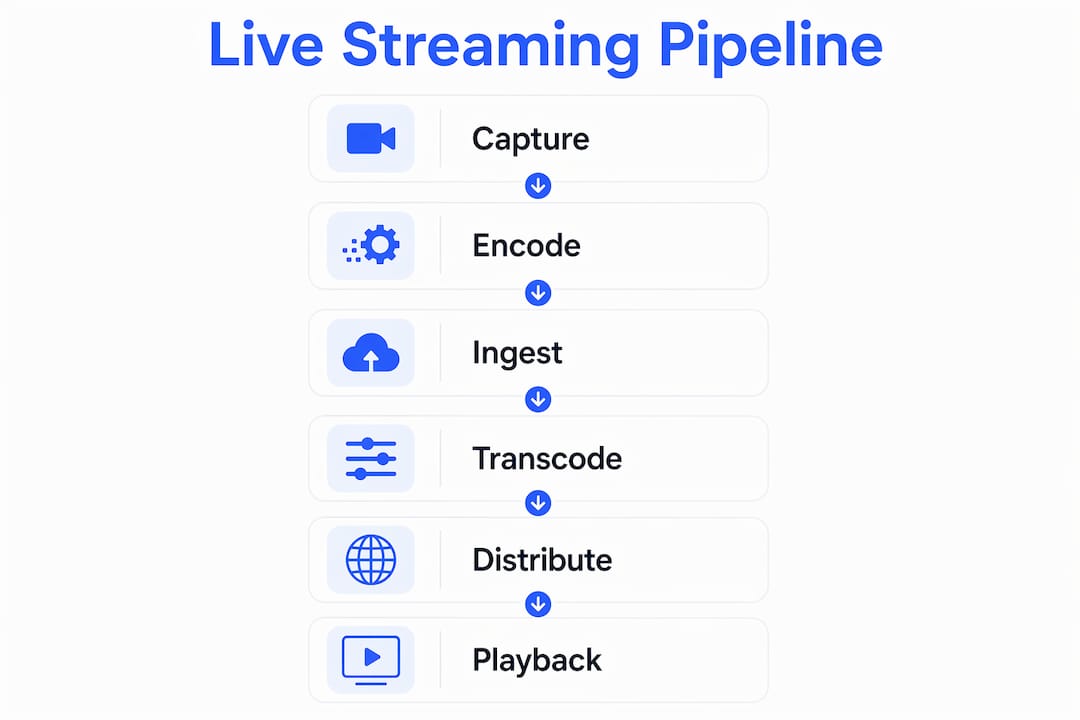 Infographic showing six-stage live streaming pipeline