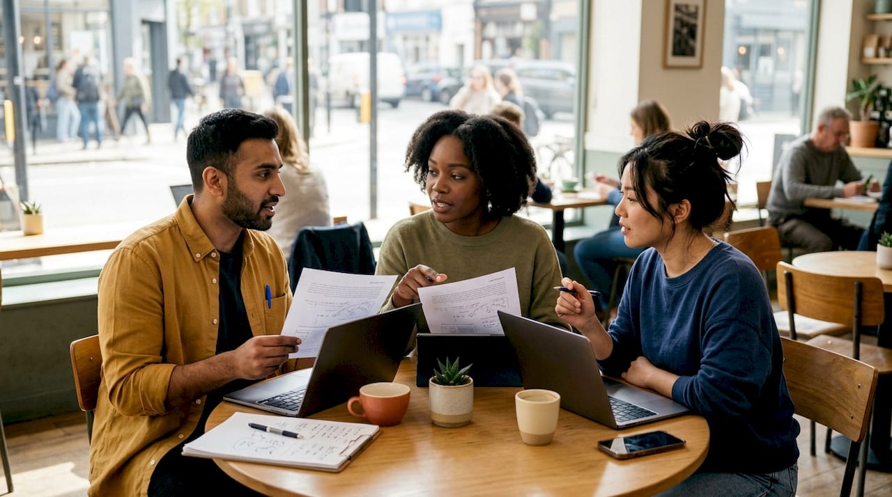 Team discussing content drafts in office